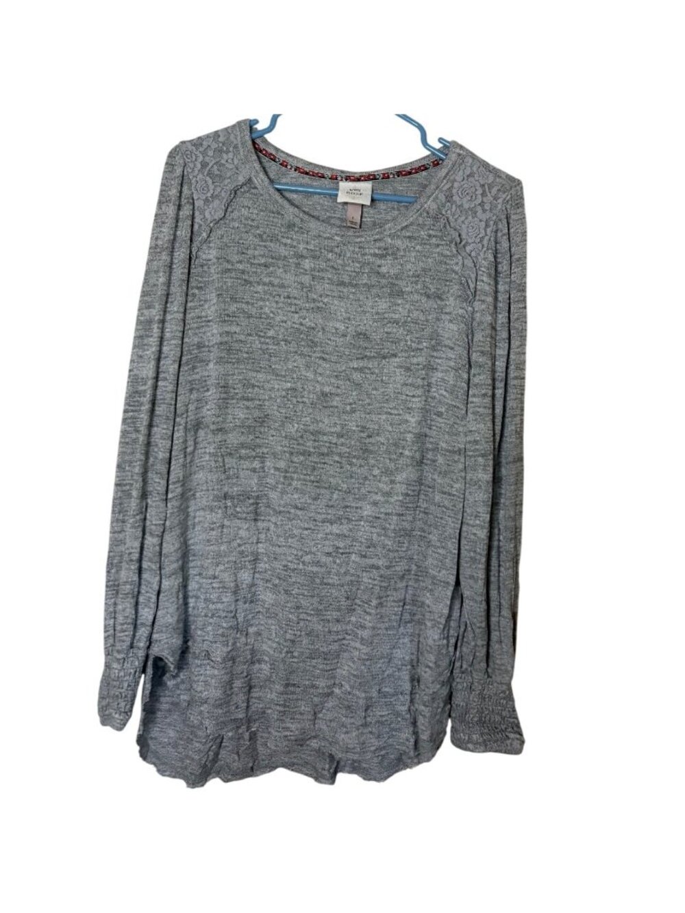 Knox Rose Gray Hacci Knit Sweater Women's Large Lace Shoulder Lightweight Top